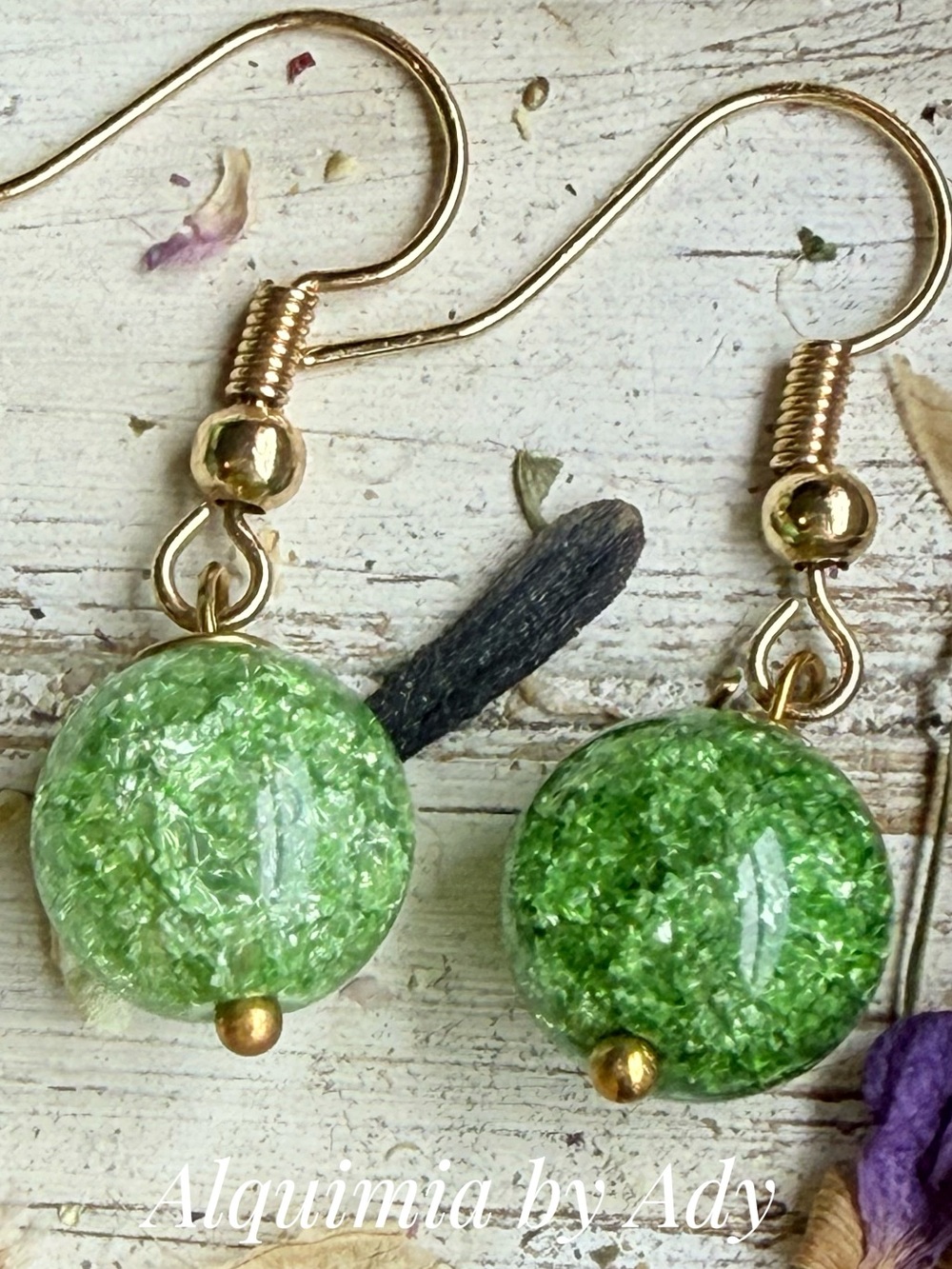 Gold-Accent Lime Green Shard Drop Earrings + Ghost quartz